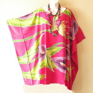 KL46 Floral Batik Hand Painted Poncho Plus Tunic Kaftan Blouse Top - S to 5X